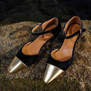 Big Size 48 Women Gold Square Toe Patchwork Shoes Low Strange Heels Sandals Dress Office Ladies Velvet Side Cut Out <b>Pumps</b> - Product Image 5