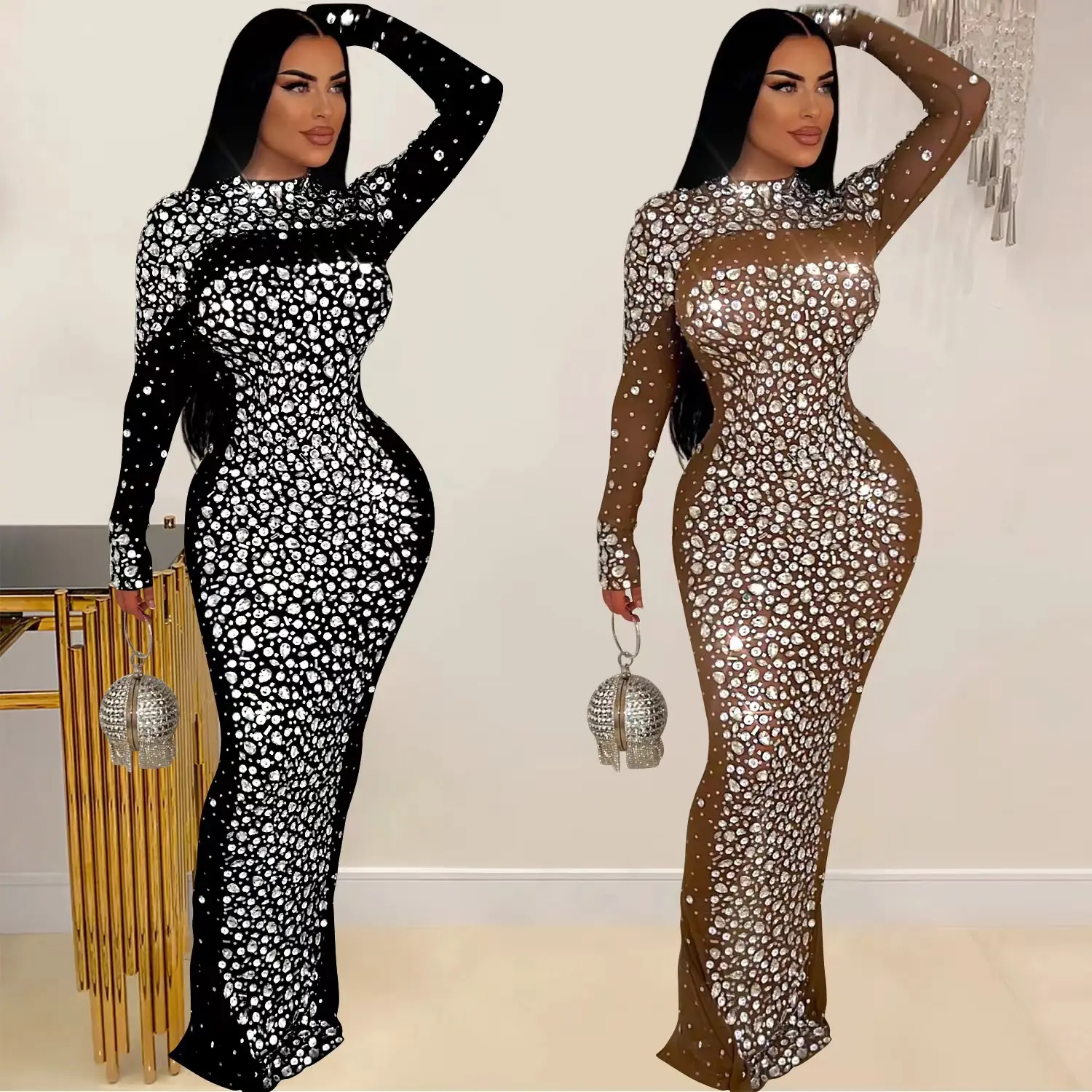Luxury handmade crystal rhinestone clothing women's top quality long gown evening dresses wholesale price party bodycon dress