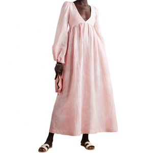 2026 été musulman élégant dame lanterne manches col en v à lacets dos Maxi dames longues femmes Peplum Vestidos décontracté 100% robe en lin - Product Image 3