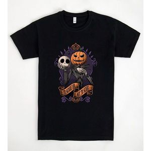 T-shirt con stampa di zucca di Halloween, nera, girocollo, per uomo e donna, design sinistro - Product Image 1