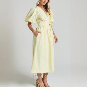 Robes décontractées mi-longues en <span class=keywords><strong>lin</strong></span> pur à 100 % pour femmes, couleur prune foncé, col en V, manches bouffantes courtes, style ample et bon marché, avec ceinture et poches - Product Image 5