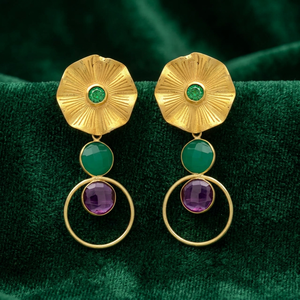 Pendientes Colgantes Circulares Étnicos Chapados en Oro con Gema de Aguamarina y Cabeza de Flor Verde, Hechos a Mano para Bodas y Fiestas - Product Image 3