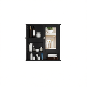 Organizador de Pared para Baño, Gabinete con Espejo, Negro, Rectangular, Antivaho, Marco de Madera, Diseño Minimalista - Product Image 1