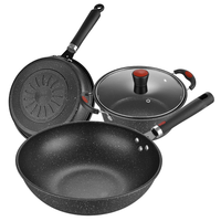 Ensemble de trois ustensiles de cuisine antiadhésifs en pierre Maifan, comprenant une poêle à frire, une marmite à fond plat et des couvercles en verre trempé, style coréen, logos personnalisés