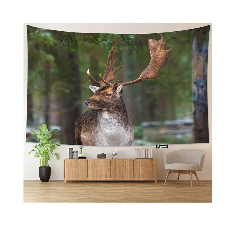 Hirsch Tapisserie Wandbehang 80x60 Zoll Geweih Wildlife Animal Elk in Herbst Bäume Tapisserie für Schlafzimmer