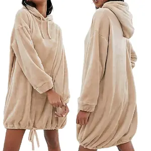 Grosir Musim Dingin Wanita Hooded Fleece Velour Hoodie Dress Oversize dengan Drawstring Hem