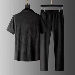 Trajes de Verano para Hombre, Casuales, de Punto, de 2 Piezas, Camiseta de Manga Corta + Pantalones Largos, Cuello Polo de Color Sólido, Cintura Elástica con Botones - Product Image 3