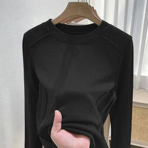 2024 nuevo hilo coreano mujer moda camiseta Base camisa Color <span class=keywords><strong>s</strong></span>ólido cuello redondo interior Otoño Invierno abrigo - Product Image 5