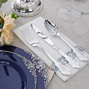 Ensemble de 25 assiettes de présentation <span class=keywords><strong>bleu</strong></span> <span class=keywords><strong>marine</strong></span> pour mariage, avec bordure argentée, en plastique, pour mariages, anniversaires, vaisselle élégante - Product Image 3