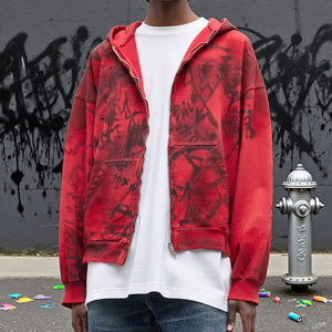 Felpa Rossa con Zip, Produttore di Felpe di Alta Qualità, Stampa Personalizzata con Effetto Graffiti, <span class=keywords><strong>Abbigliamento</strong></span> Moda Uomo - Product Image 1