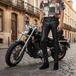 Pantalon taille haute en cuir de vachette décontracté pour hommes Pantalon d'équitation de vélo de haute qualité en gros en tissu peigné de couleur noire - Product Image 3