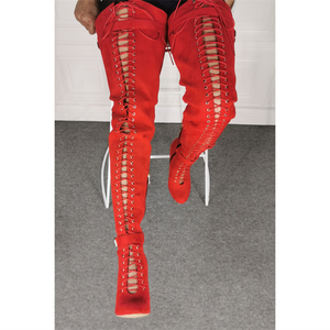 Bottes hautes sexy pour femmes, bottes d'hiver au-dessus du genou, rouge vif, à lacets, bottes longues jusqu'à la cuisse, taille personnalisée, grande taille 47 - Product Image 5