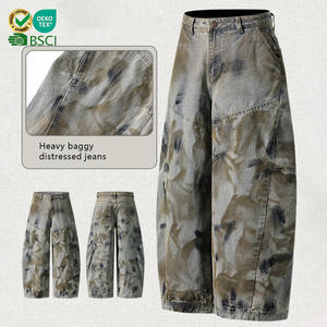 High Quality Breathable Loose Solid Heavy Baggy Scimitar Denim Jeans Vintage Distressed Dirty Mud Wash Design Waist Detail - Product Image 1