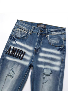 <span class=keywords><strong>Jeans</strong></span> de mezclilla elásticos azules claros para <span class=keywords><strong>hombre</strong></span>, corte recto, ajuste <span class=keywords><strong>regular</strong></span>, lavados, desgastados y rotos, con bordado personalizado al por mayor - Product Image 2