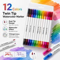 Vente directe d'usine, stylo marqueur à double pointe aquarelle personnalisé avec logo, 12 couleurs, pour le bureau et l'école