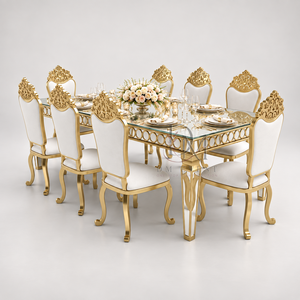 Luxury Stainless Steel <b>Mirror</b> Top Dining Table Set with <b>Ornate</b> High Back Chairs for Wedding Banquet Supply - Product Image 1