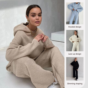 Damen-Hose mit weitem Bein und langärm liger, einfarbiger, warmer Pullover, gestricktes zweiteiliges Sportswear-Set für Winter jogging - Product Image 3