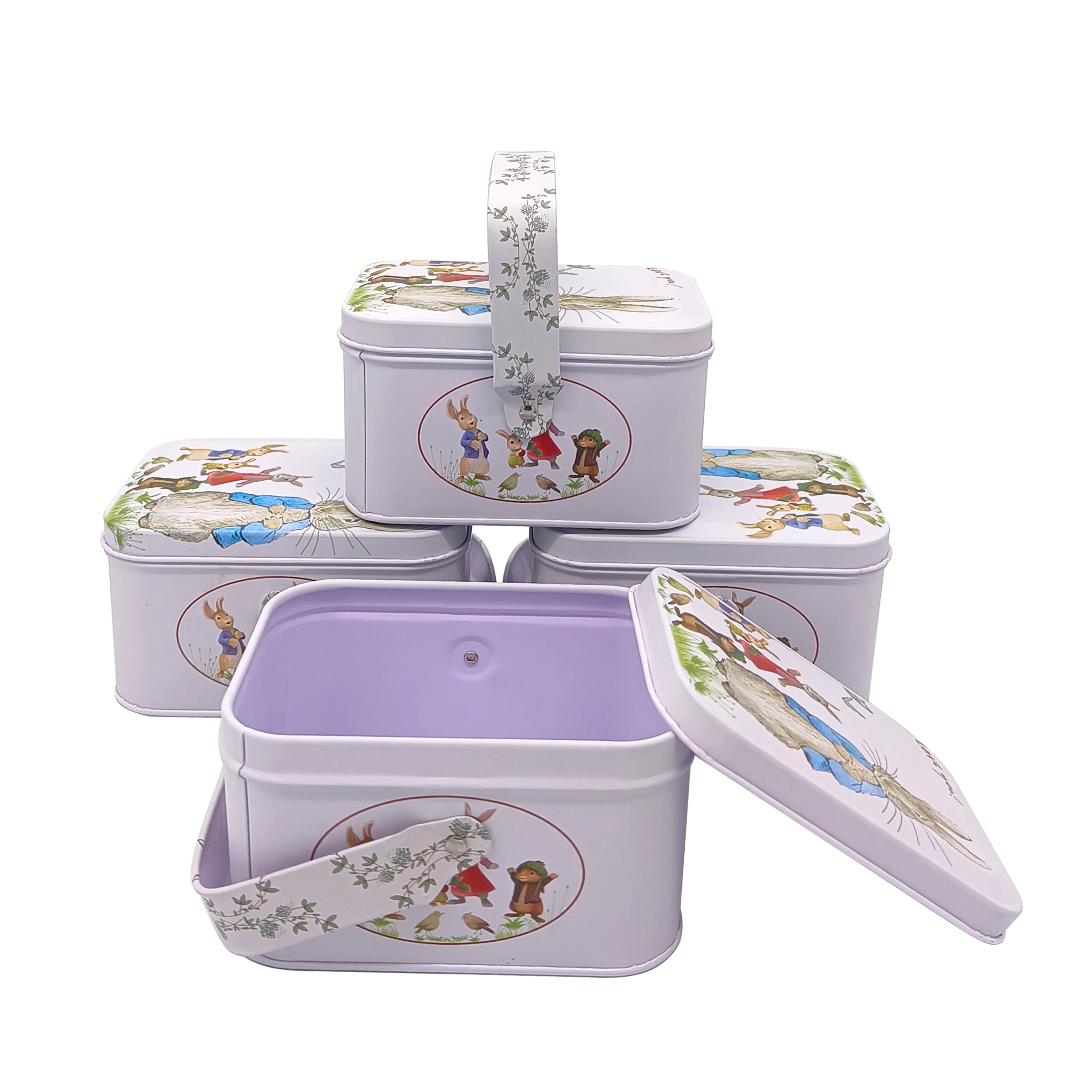 Luxo retangular Kids Lovely Rabbit Cartoon Pattern Handle Tin Box personalizado Candy Chocolate Gift Tin Can