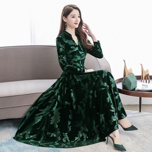 Donne vintage con scollo a v manica lunga inverno <span class=keywords><strong>midi</strong></span> casuale abito di <span class=keywords><strong>velluto</strong></span> della signora - Product Image 2