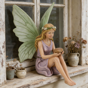 Incantevole Statua di Fata Viola, Statuetta di Fata con Ali Verdi per Paesaggi Esterni, Scultura Magica di Ragazza della Foresta per Decorazioni Domestiche - Product Image 6