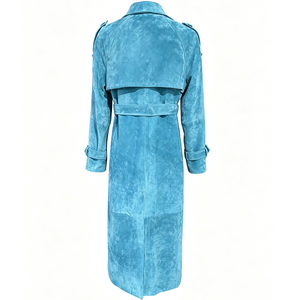 Abrigo Largo de Cuero <span class=keywords><strong>Azul</strong></span> de Moda para Mujer, Chaqueta Larga de Cuero Genuino con Doble Botonadura - Product Image 2