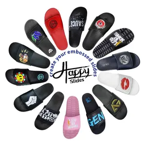 Sandali firmati Happyslides, scivoli personalizzati, sandali da uomo con Logo nero personalizzato, calzature con pantofole stampate personalizzate