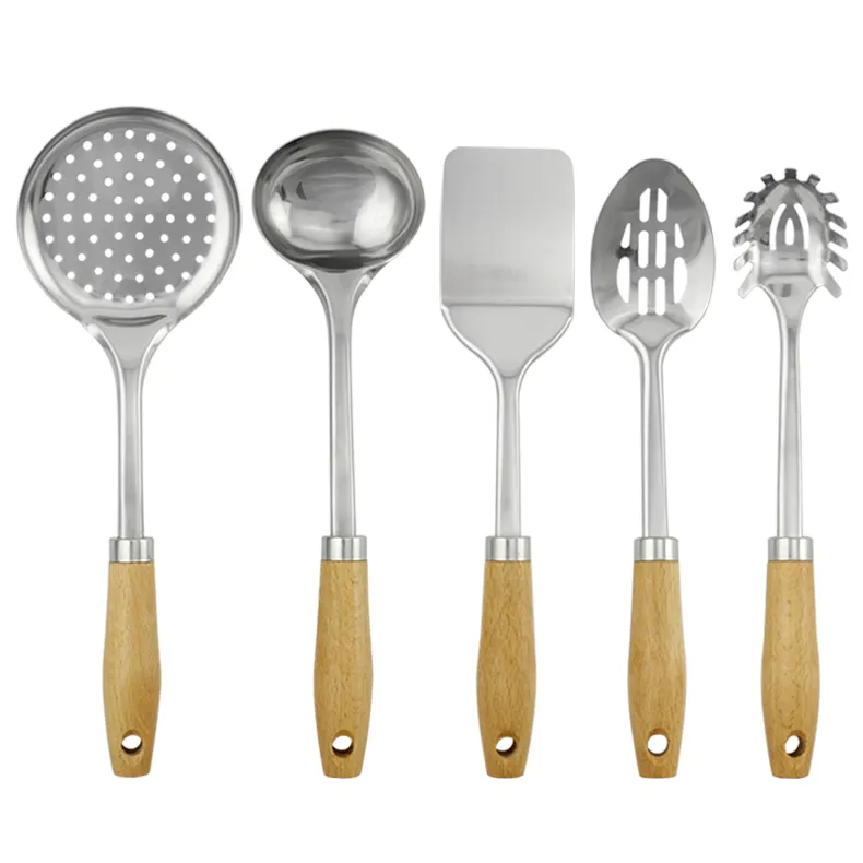 Feixiong OEM accettato utensili da cucina in acciaio inossidabile gadget con manico in legno utensili da cucina set di pentole