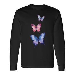 Camiseta de Manga Larga con Diseño de Mariposas en Acuarela, Color Negro, Cuello Redondo, Unisex, para Adultos, Ropa Promocional - Product Image 1