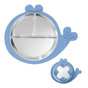 Assiettes à ventouse pour bébé en acier inoxydable et lot de <span class=keywords><strong>2</strong></span> cuillères et fourchettes ensemble d'ustensiles pour tout-petits ensemble d'alimentation pour bébé assiettes divisées - Product Image 1