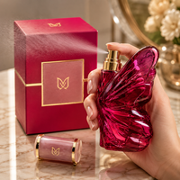 Flacon de parfum en verre transparent en forme de papillon de 30 ml et 50 ml avec pompe pulvérisatrice à sertir de 15 mm et capuchon fantaisie rose doré