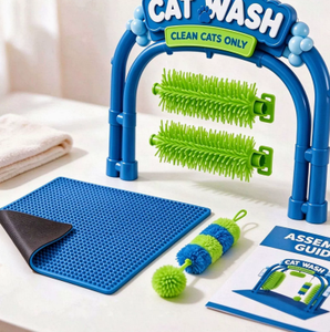 Cepillo arqueado autolimpiante para gatos, juguete masajeador con bola de hierba gatera, removedor de pelo para el aseo de gatos de interior - Product Image 1