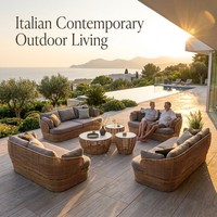Table basse scandinave en verre avec coussin imperméable pour balcon, design modulaire, et ensemble de canapés d'extérieur en rotin tressé de luxe résistant aux UV