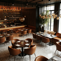 Ensemble de mobilier commercial Ron Group : table ronde ou carrée en bois, chaises en cuir et banquette, solution personnalisée tout-en-un pour restaurant
