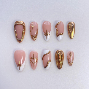 10 <span class=keywords><strong>Uñas</strong></span> Postizas Francesas Color <span class=keywords><strong>Rosa</strong></span> Nude Almendrado <span class=keywords><strong>con</strong></span> Línea Dorada Metálica, Estrella y Corazón, <span class=keywords><strong>Uñas</strong></span> Postizas <span class=keywords><strong>con</strong></span> Punta Brillante de Lujo, Pre-diseñadas y Adhesivas - Product Image 1