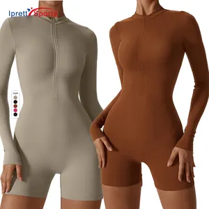 Newest Half Zip Up Activewear Women Yoga Shorts Long Sleeve Bodysuit Gym Workout Sexy Jumpsuits Playsuits