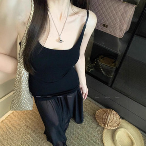 Black Spaghetti Strap Bodycon Maxi Dress Solid Color Tight Waist Stretch Knit Slip Dress For Women Casual Summer Wear - Product Image 2