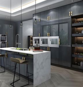 Ensemble de meubles de cuisine en bois massif à finition brillante, design moderne, sur mesure, RTA, PVC brillant blanc, armoires de cuisine modulaires - Product Image 1