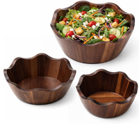 Ensemble de 3 bols à salade en bois d'acacia, 8/10/12 pouces, bols à salade décoratifs à bords festonnés, grand bol en bois pour servir et mélanger