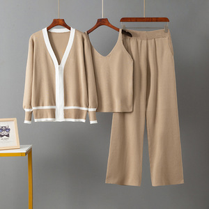Custom Women's Three-Piece Casual Suit V-Neck Knitted Tank Top Ladies Zipper Cardigan Trousers Women Set Ropa De Mujer Elegante - Product Image 1