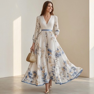 Abito Lungo da Donna con Stampa Floreale Digitale, Ecologico, Plissettato, Scollo a V, Maniche Lunghe, con Cintura, Elegante per Feste, Stile Boho <span class=keywords><strong>Chic</strong></span> - Product Image 6