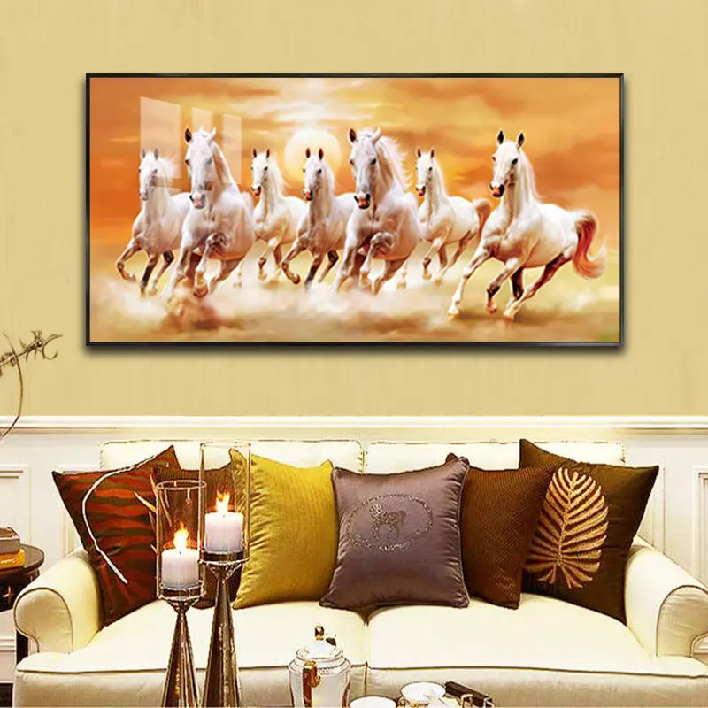 Hayvan sanat 7 koşu atlar baskı boyama duvar sanatı resimleri için oturma odası Modern soyut sanat kristal porselen boyama