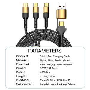 Cable <span class=keywords><strong>de</strong></span> Carga Rápida 3 en 1, 100W/5A, Cable <span class=keywords><strong>de</strong></span> Carga Múltiple con Trenzado <span class=keywords><strong>de</strong></span> Nailon para iPhone, Tipo-C, Micro USB, Carga Rápida <span class=keywords><strong>de</strong></span> 100W y Sincronización <span class=keywords><strong>de</strong></span> Datos - Product Image 4