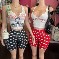 Set Pakaian Wanita Musim Panas Baru 2 Potong, Atasan Tanpa Lengan Seksi dan Celana Pendek Bermotif Polkadot, Set Dua Potong yang Cocok, Pakaian Kasual