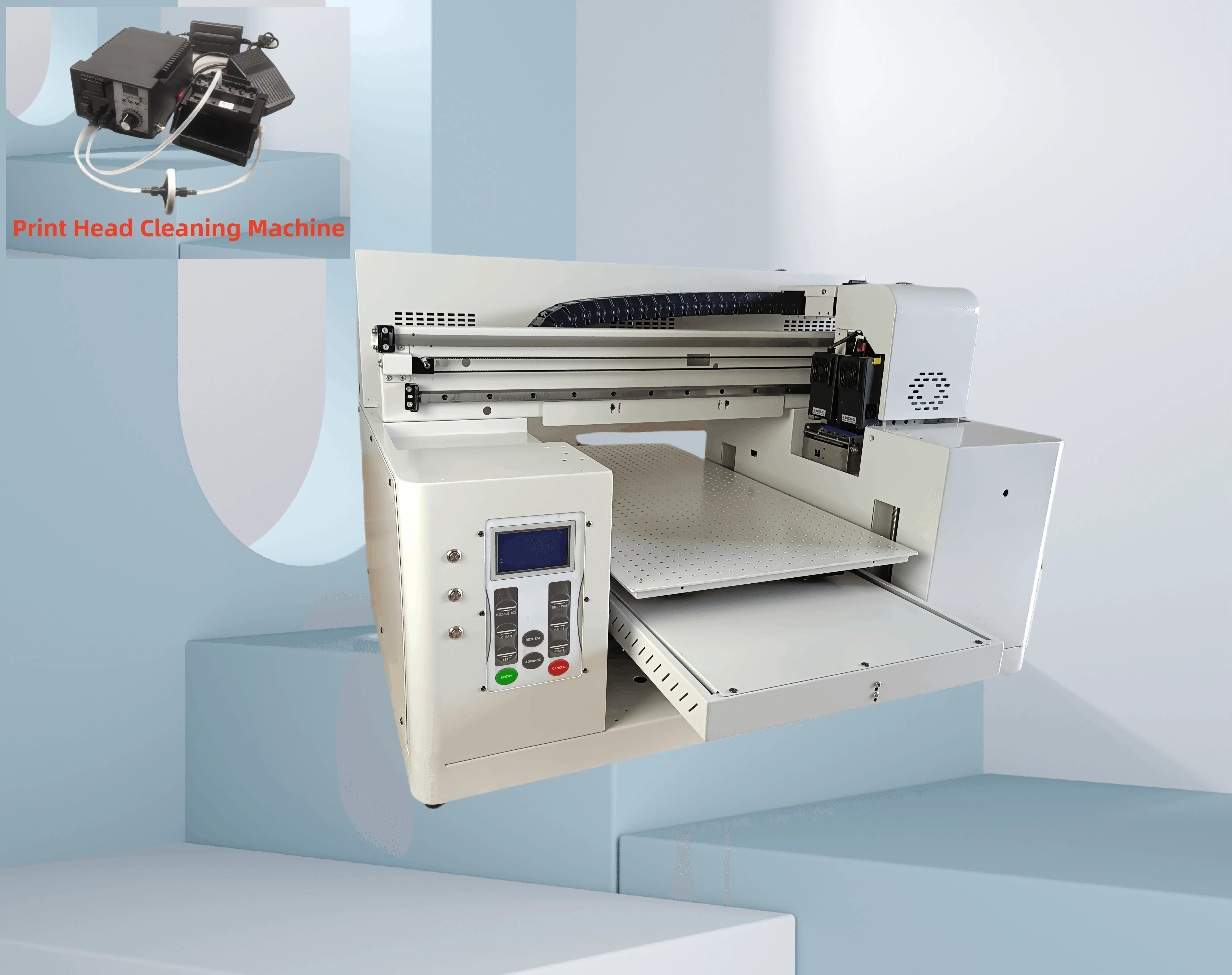 ماكينة طابعة مسطحة بالأشعة فوق البنفسجية لجميع المواد بحجم a2 وذات قالب كبير وطلاء ورأس مزدوج TX800 4060 مع ماكينة تنظيف رأس الطباعة