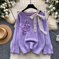 Pull en tricot à fleurs 3D pour femmes, style décontracté, doux et luxueux, pour l'automne et l'hiver