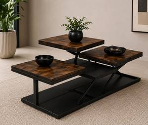 Modern <b>Rustic</b> Wooden Coffee <b>Table</b> <b>Set</b> with Three Tier Square Tops Black Metal Frame for Living Room Home Furniture - Product Image 1