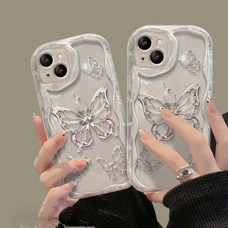 Capa de silicone transparente para celular, capa de TPU TPU de borboleta com linha de metal para iPhone 6 7 8 Plus X Xr XS 11 12 13 14 15 Pro Max, novo design