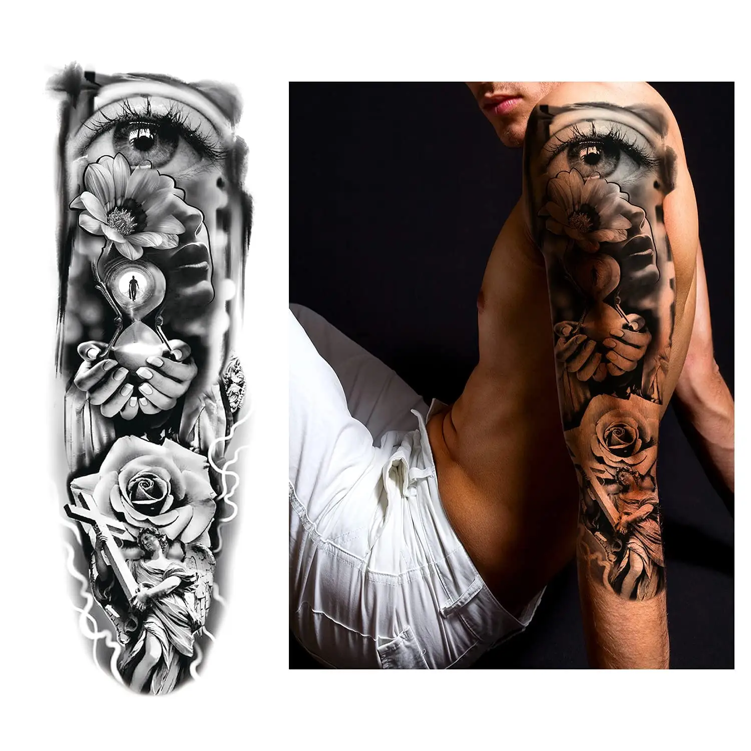 190*90mm Custom totem tattoo 3D Big Rose Peony Flower dog and cat colorful wolf art shoulder tattoos for women