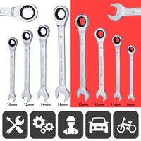 Jeu de clés à cliquet à tête fixe rouge et noire de 8 pièces avec outils à embout ouvert et à fourche, en acier au chrome-vanadium, entraînement 1/4 pouce
