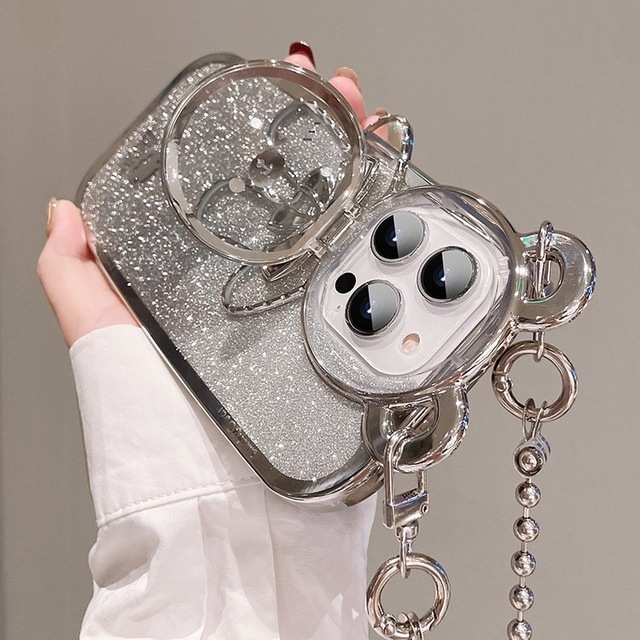 New Beauty Women Glitter Mobile Phone Case Lucky Bear Protective Cover for iphone 15 I14 Invisible Bracket Chain Lanyard Case